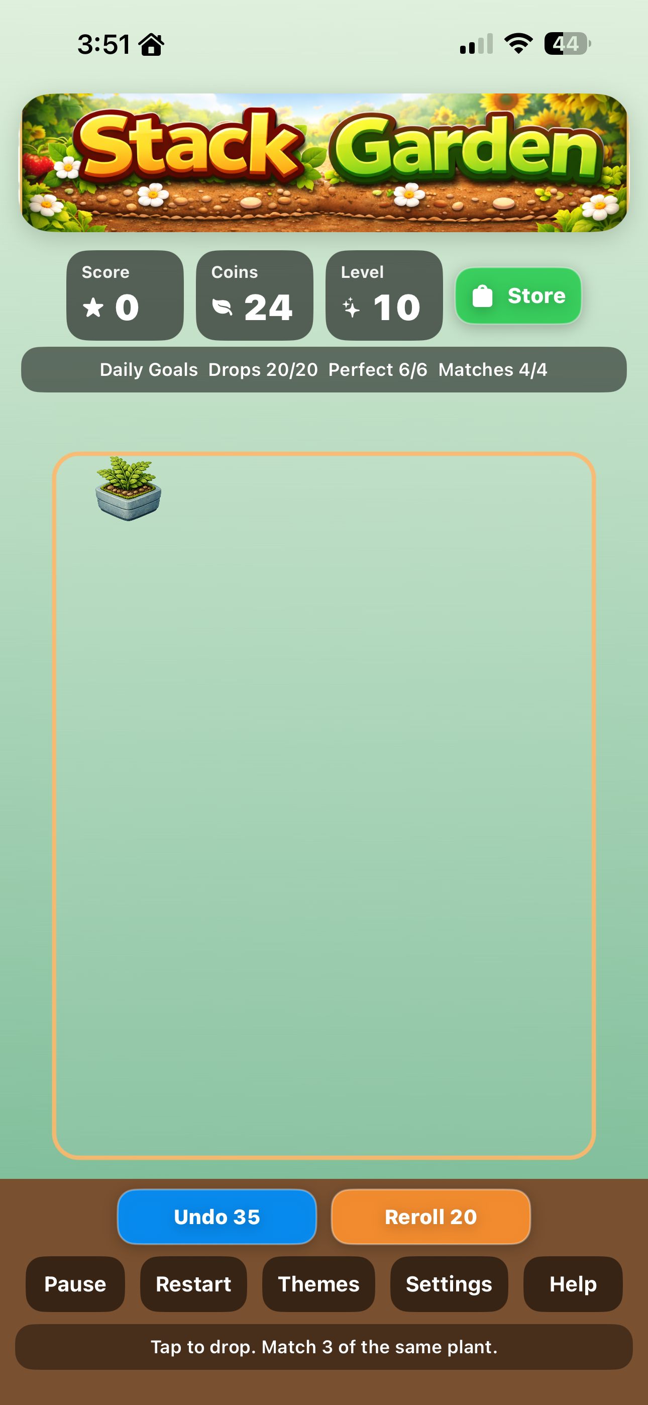 StackGarden gameplay board with score, coins, and controls