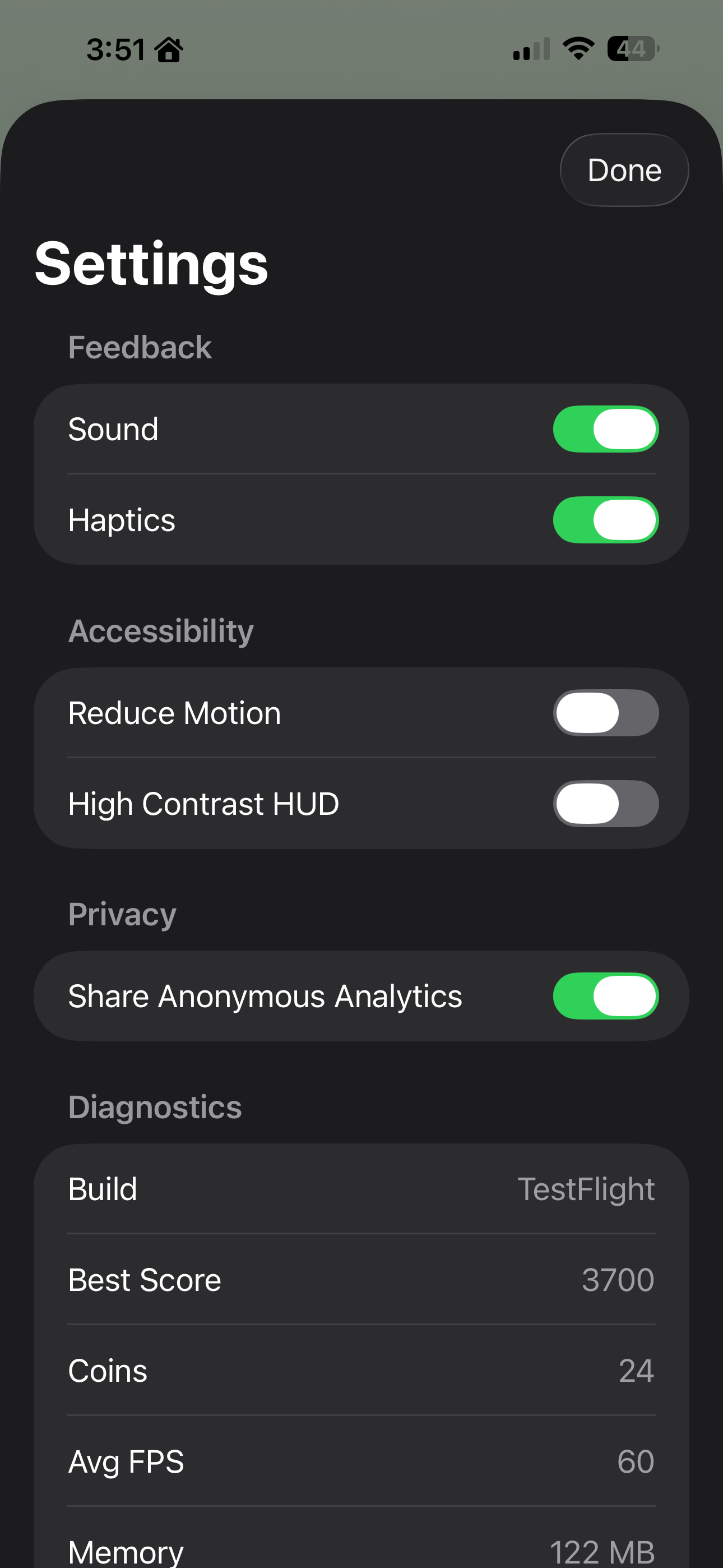 StackGarden settings panel with sound, haptics, and diagnostics