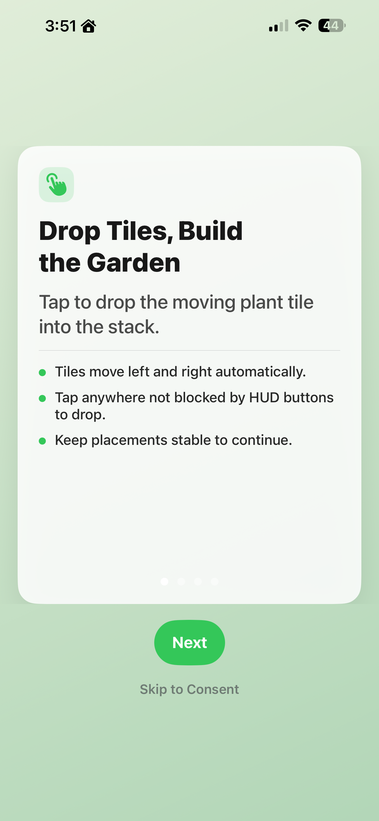 StackGarden onboarding card for drop controls and basic play