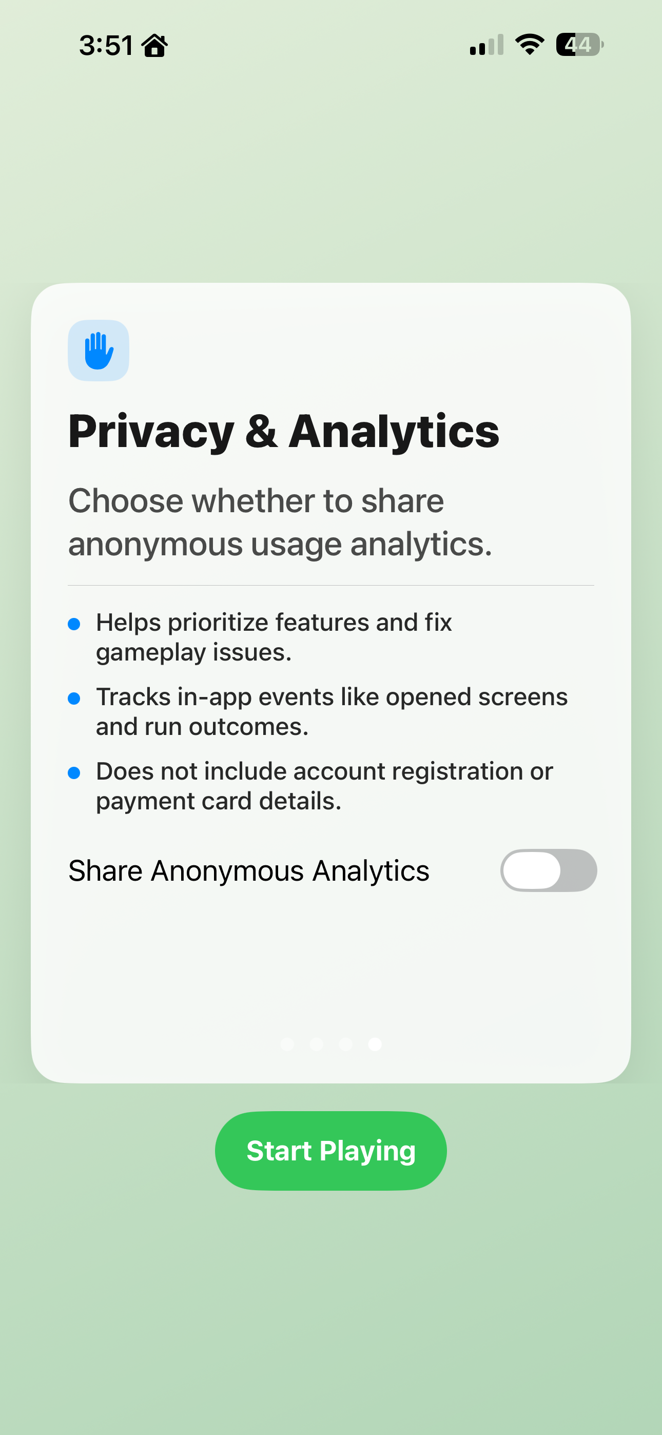 StackGarden onboarding card for privacy and analytics consent