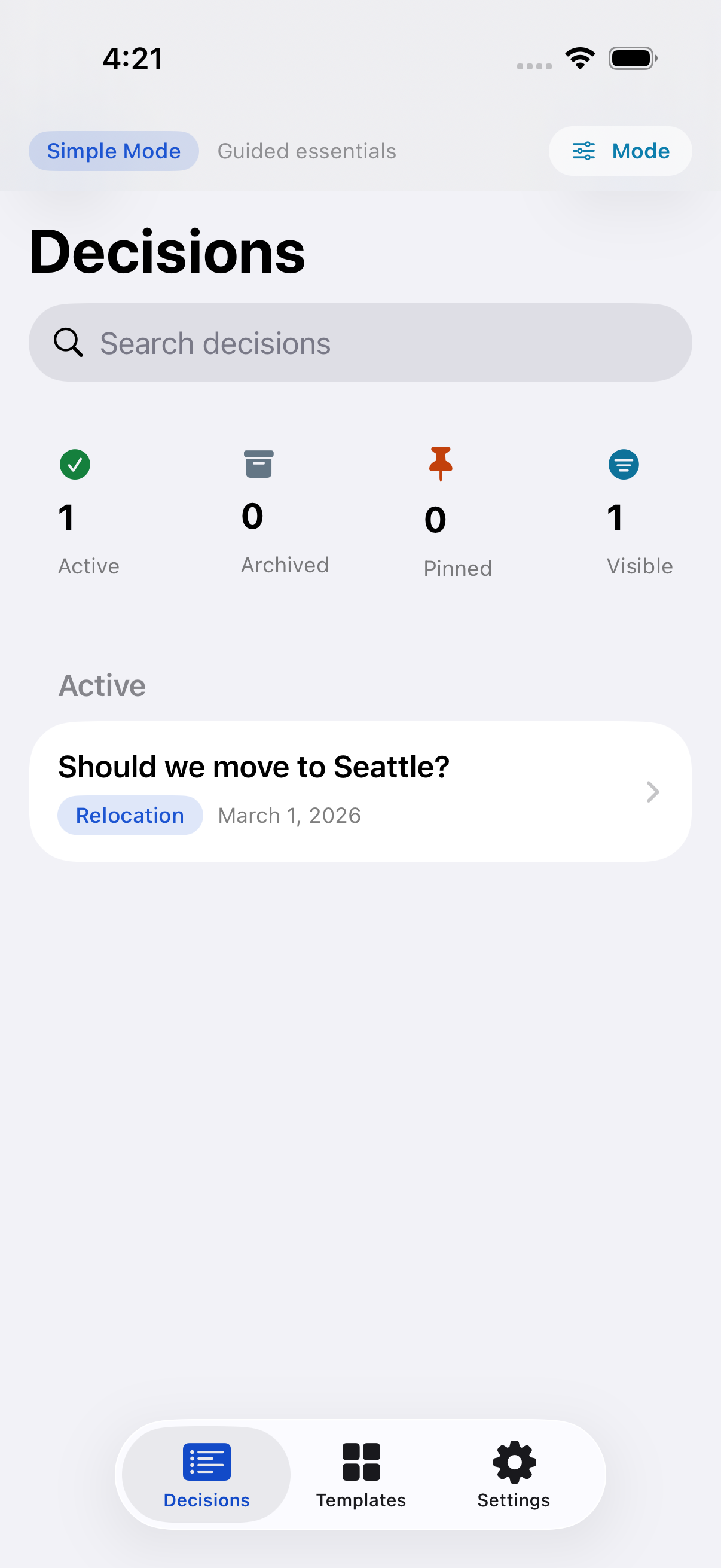 Tradeoff decisions list showing saved and in-progress decisions