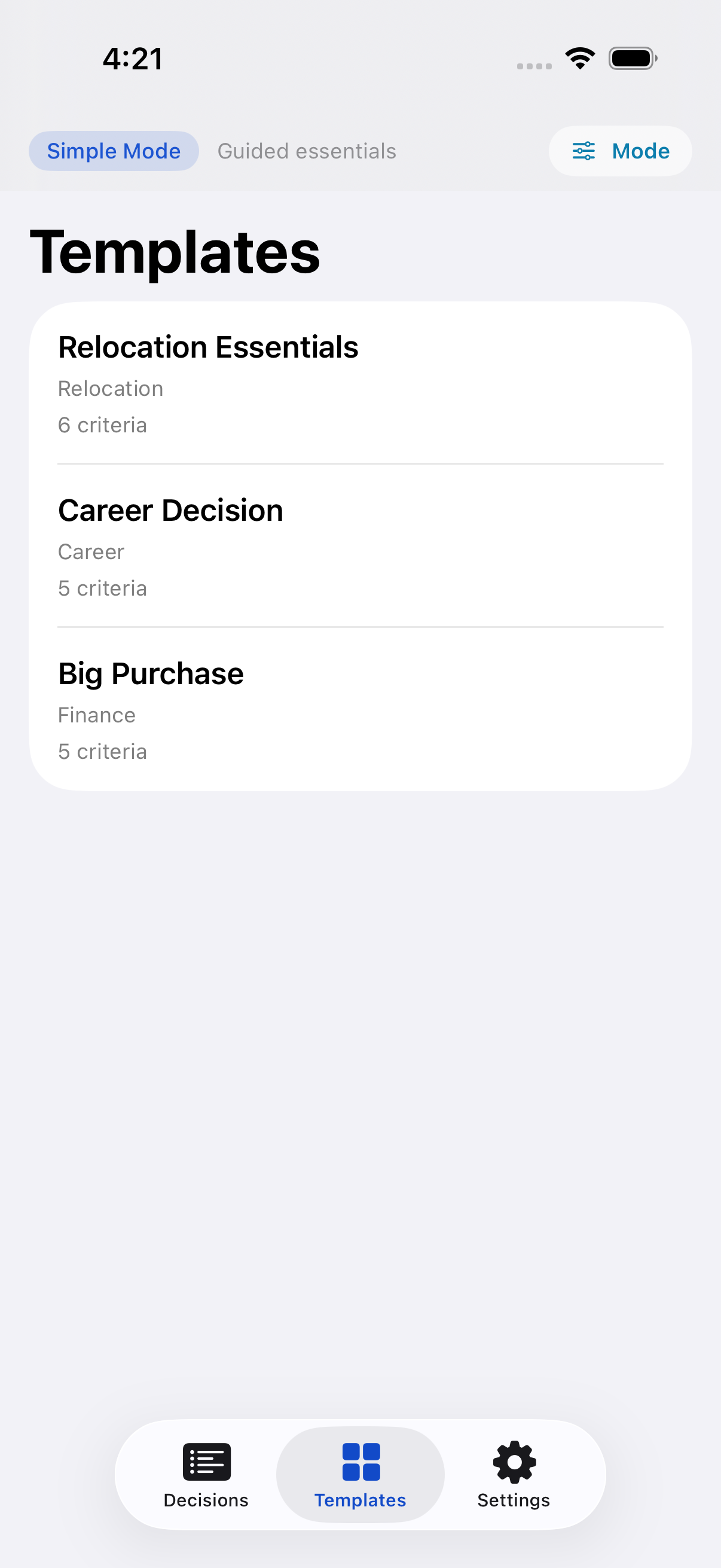 Tradeoff reusable decision templates for faster setup