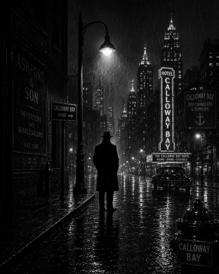 AI-generated black and white illustration of a man in a fedora on a rainy Calloway Bay street at night, under the Calloway Bay Hotel sign.