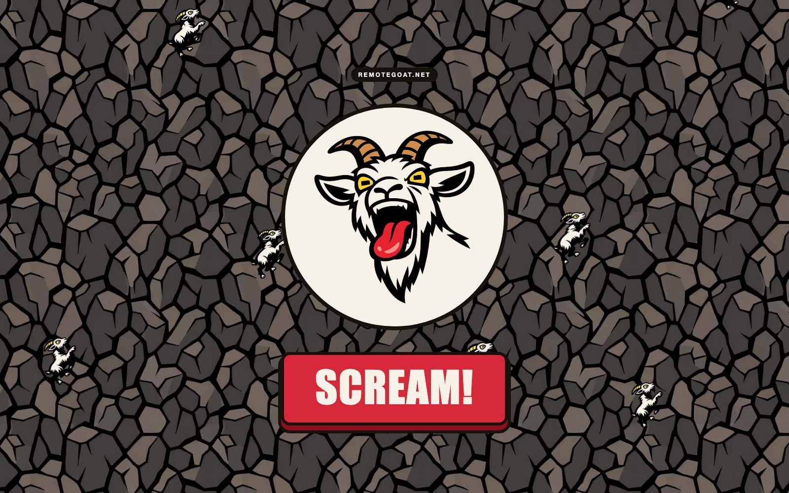 RemoteGoat: a screaming cartoon goat on a cream circle over a dark rock wall with small climbing goats and a red SCREAM button.